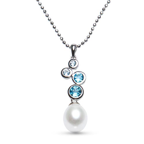 Sterling Silver Cultured Freshwater Pearl Bezel Blue Topaz Necklace