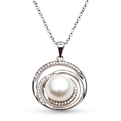 Sterling Silver Cultured Freshwater Pearl Round Necklace White CZs