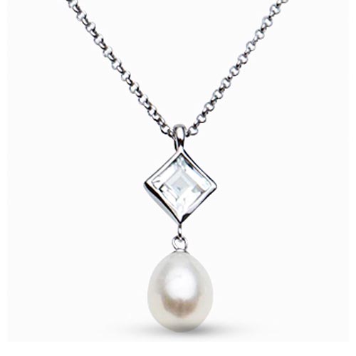 Silver Drop Cultured Freshwater Pearl Necklace Square White Topaz