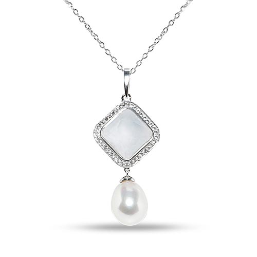 Silver Cultured Freshwater Pearl Necklace with Square Mother of Pearl