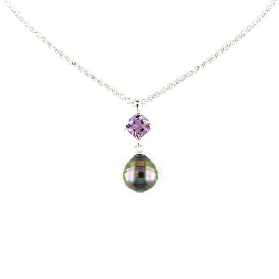 Sterling Silver Circle Tahitian Pearl and Amethyst Necklace