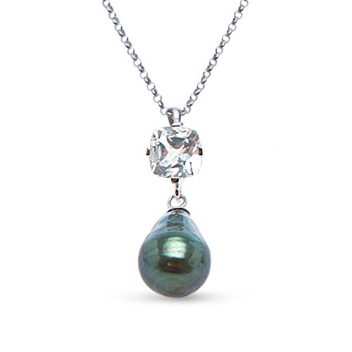 Sterling Silver Circle Tahitian Pearl and White Topaz Necklace