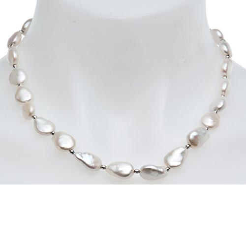 Sterling Silver Coin Baroque Cultured Freshwater Pearl Strand Necklace