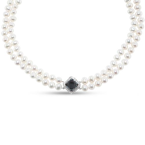 Silver Cultured Freshwater Pearl Double Strand Necklace Black Quartz
