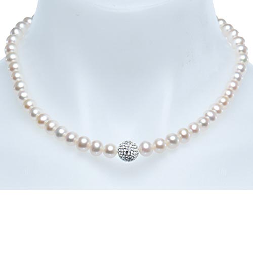 Sterling Silver Cultured Freshwater Pearl Strand Crystal Bead Necklace
