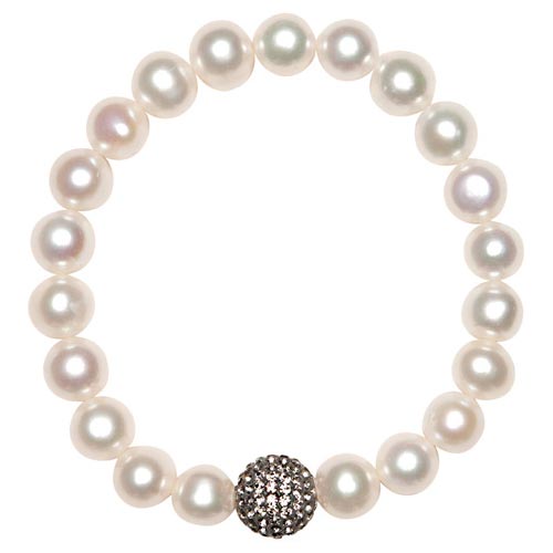 Sterling Silver Cultured Freshwater Pearl Black Crystal Bead Bracelet