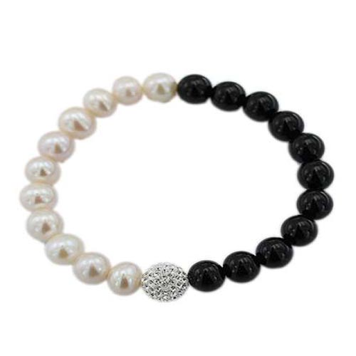 Sterling Silver Cultured Freshwater Pearl and Onyx Elastic Bracelet