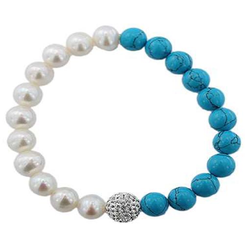 Sterling Silver Cultured Freshwater Pearl Created Turquoise Bracelet