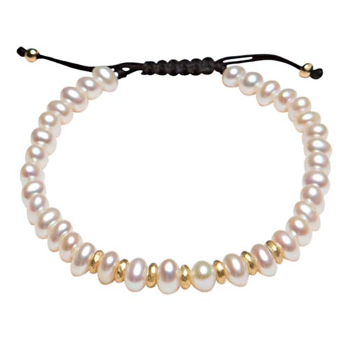 Black Thread Oblong Cultured Freshwater Pearl Bracelet Gold Spacers