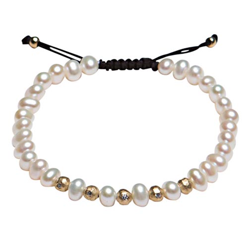 Black Thread Oblong Cultured Freshwater Pearl Bracelet Gold Beads CZs