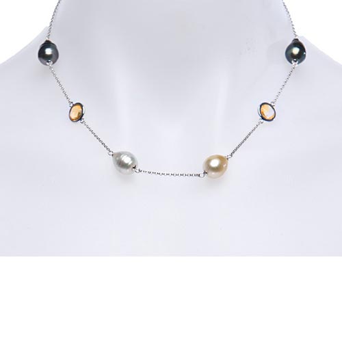 Sterling Silver Circle Tahitian Pearl and Citrine Necklace