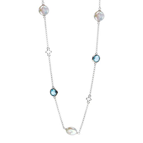 Sterling Silver Coin Freshwater Pearl Station Necklace Blue Topaz 36in