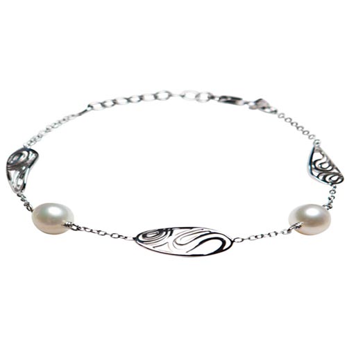 Sterling Silver Cultured Freshwater Pearl Bracelet Fancy Oval Links