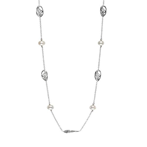 Sterling Silver Cultured Freshwater Pearl Necklace Fancy Oval Links