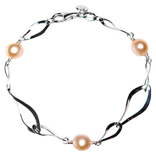 Sterling Silver Pink Cultured Freshwater Pearl Bracelet Tapered Links
