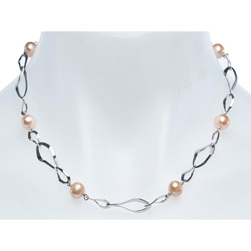 Sterling Silver Pink Cultured Freshwater Pearl Necklace Tapered Links