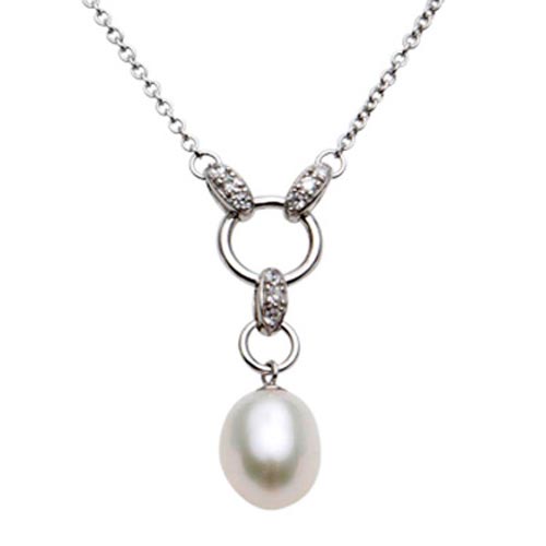 Sterling Silver Oblong Cultured Freshwater Pearl Necklace CZs 16in