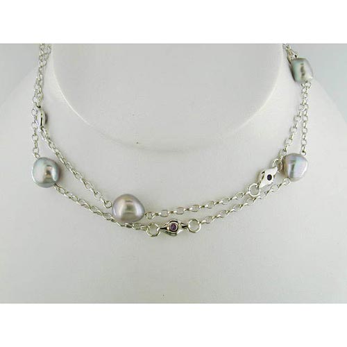 Sterling Silver Baroque Freshwater Cultured Pearl Station Necklace