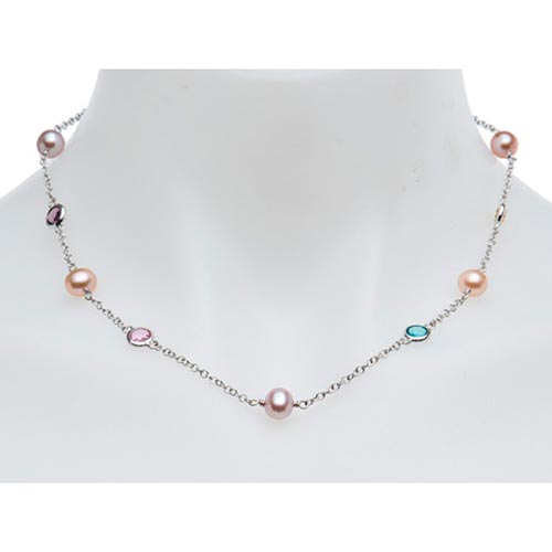 Sterling Silver Near Round Cultured Freshwater Pearl Crystal Necklace 