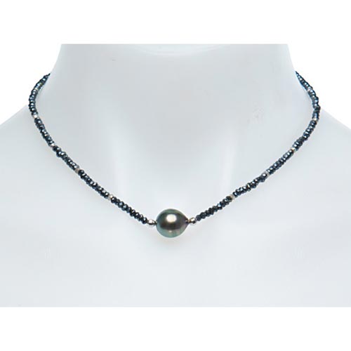 Sterling Silver Circle Tahitian Cultured Pearl Black Spinel Necklace