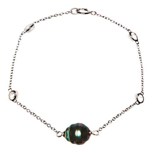 Sterling Silver Circle Tahitian Cultured Pearl White Topaz Bracelet