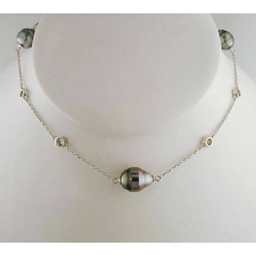 Sterling Silver Circle Tahitian Cultured Pearl White Topaz Necklace