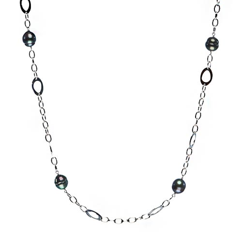 Sterling Silver Tahitian Cultured Pearl Station Necklace 37in
