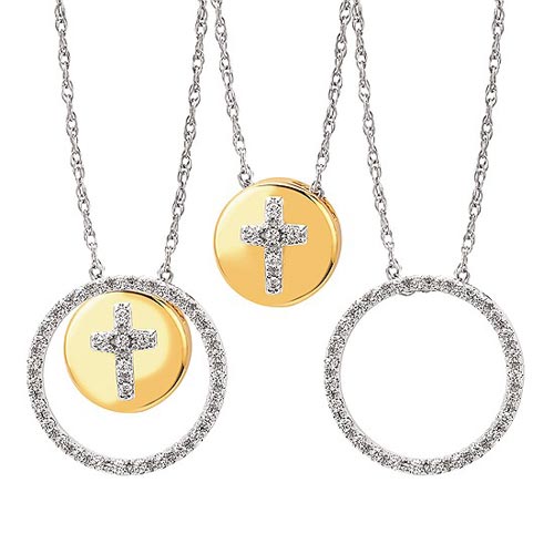 10k Two-tone Gold Enhanceables Cross Disc Diamond Necklace