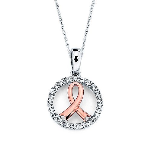 14k Rose and White Gold Ribbon in Circle Diamond Necklace