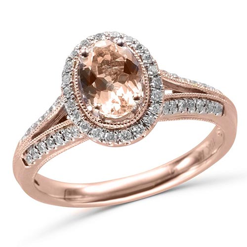 10k Rose Gold 3/4 ct Oval Morganite Engagement Halo Ring with Diamonds