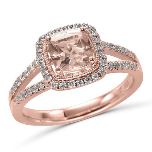 10k Rose Gold 0.8 ct Cushion cut Morganite Halo Ring with Diamonds
