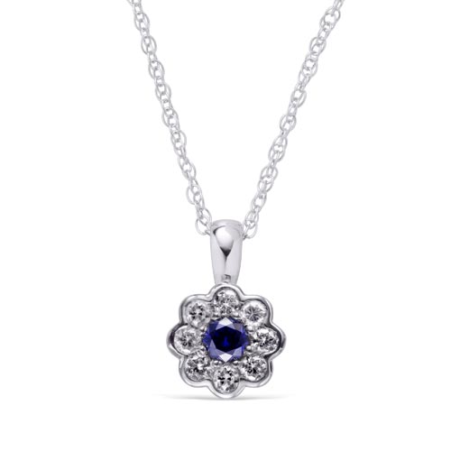 Sterling Silver Created Blue and White Sapphire Flower Necklace