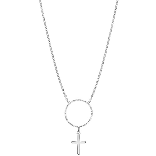 14k White Gold Diamond-cut Open Circle and Cross Necklace