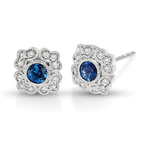 14k White Gold 3/8 ct tw Blue Sapphire Floral Earrings with Diamonds