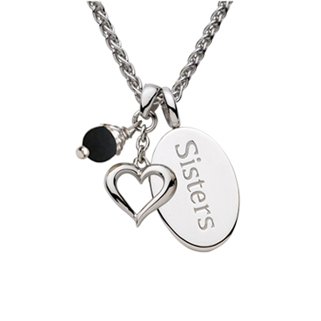 Sterling Silver 18in Sisters Oval Necklace with Heart and Black Pearl