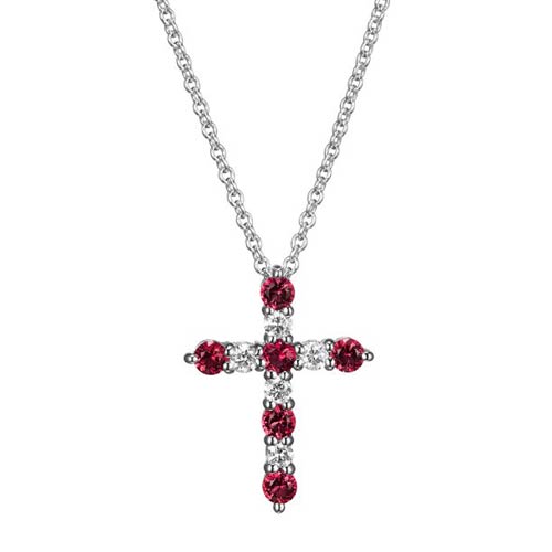 Sterling Silver Created Ruby and Lab Grown Diamond Cross Necklace