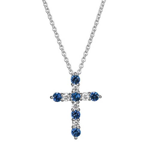 Sterling Silver Created Blue Sapphire and Lab Grown Diamond Cross Necklace
