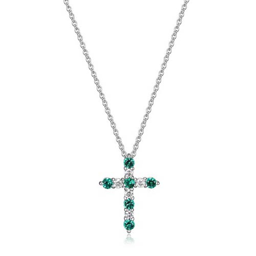 Sterling Silver Created Emerald and Lab Grown Diamond Cross Necklace