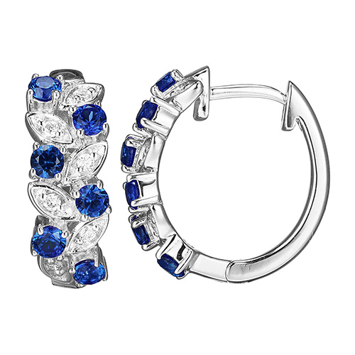  Platinum Over Sterling Silver Created Sapphire and Lab Grown Diamond Cluster Oval Hoop Earrings