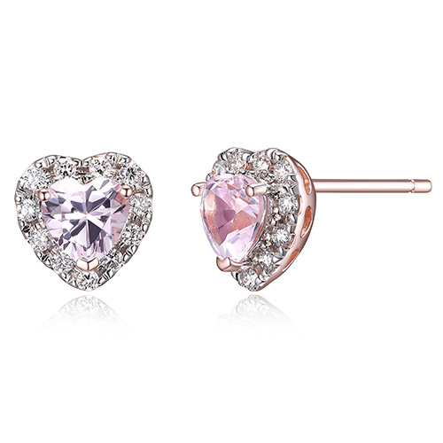 Sterling Silver Created Pink Sapphire Heart Stud Earrings With Lab Grown Diamond Accents