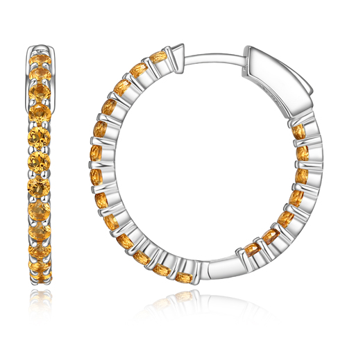 Platinum Over Sterling Silver Genuine Citrine Hoop Earrings