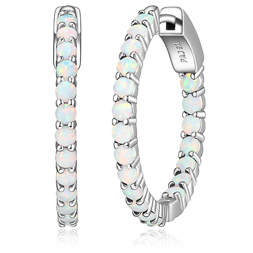 Platinum Over Sterling Silver Created Opal Hoop Earrings