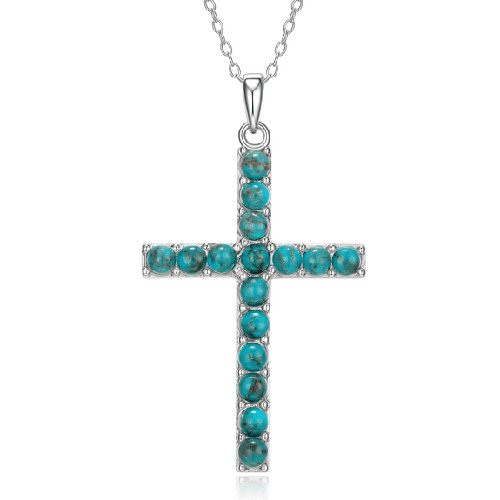 Platinum Over Sterling Silver Genuine Turquoise Cross Necklace