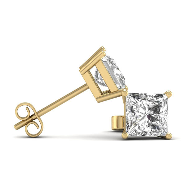 1.5 ct tw Princess cut Lab Grown Diamond Stud Earrings in 14k Yellow Gold Four Prong Basket