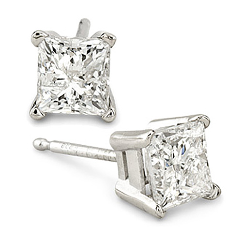 1 CT TW Princess Cut Diamond Stud Earrings G-I / I1 - 14k White Gold