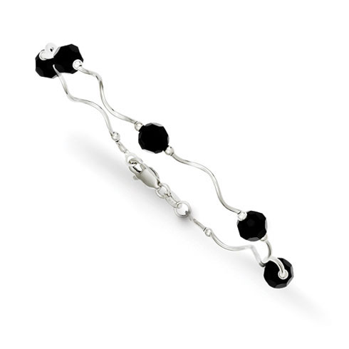 Sterling Silver 7in Black Crystal Beads Spiral Bracelet
