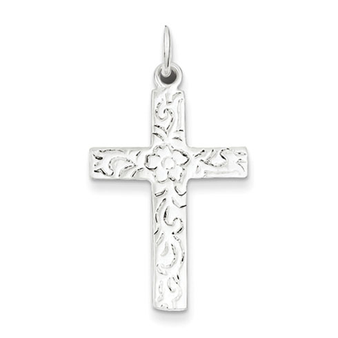 Sterling Silver 1in Floral Textured Latin Cross Pendant