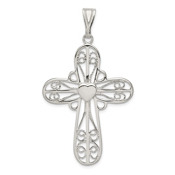 Sterling Silver 1 3/4in Antiqued Heart Cross