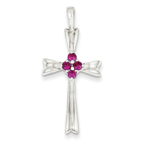 Sterling Silver 1 3/16in Red CZ Cross Pendant