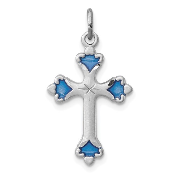 3/4in Blue Enameled Budded Cross - Sterling Silver